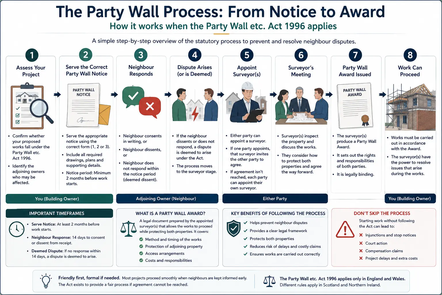 Do I Need a Party Wall Agreement? An infographic showing the party wall process from notice to award in a very interactive way for the citizens living in Bromley, UK