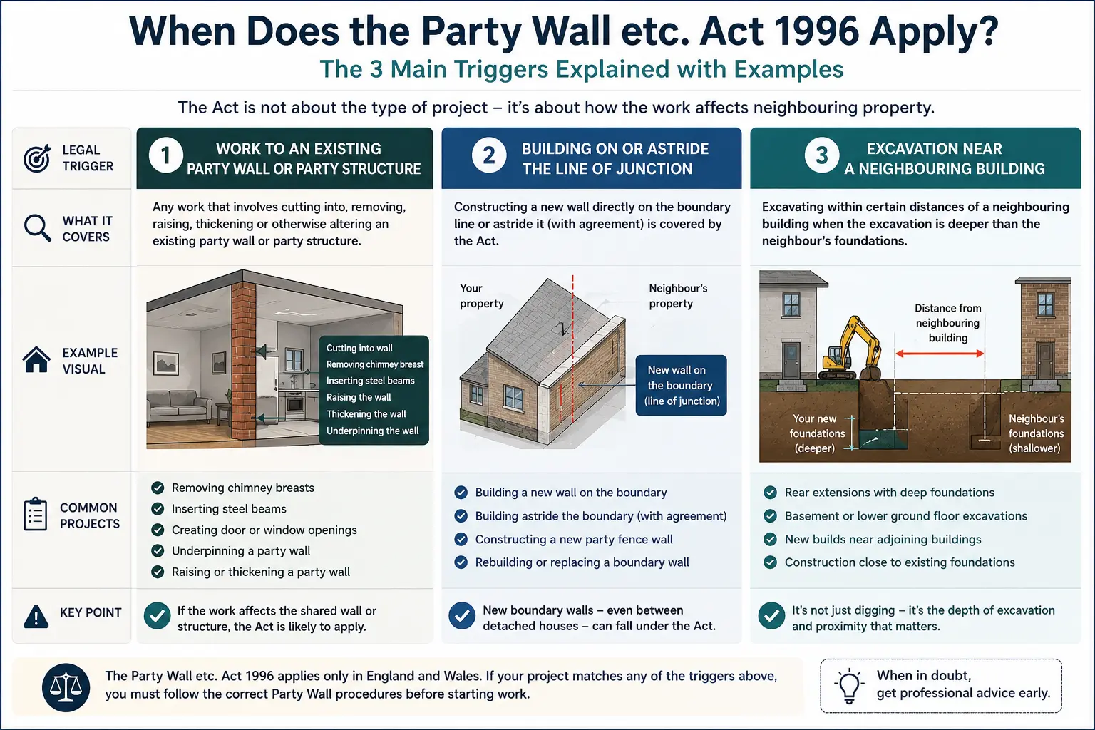 Do I Need a Party Wall Agreement? An infographic showing when does the party wall etc act 1996 apply like excavation, junction, painting, in Bromley, UK